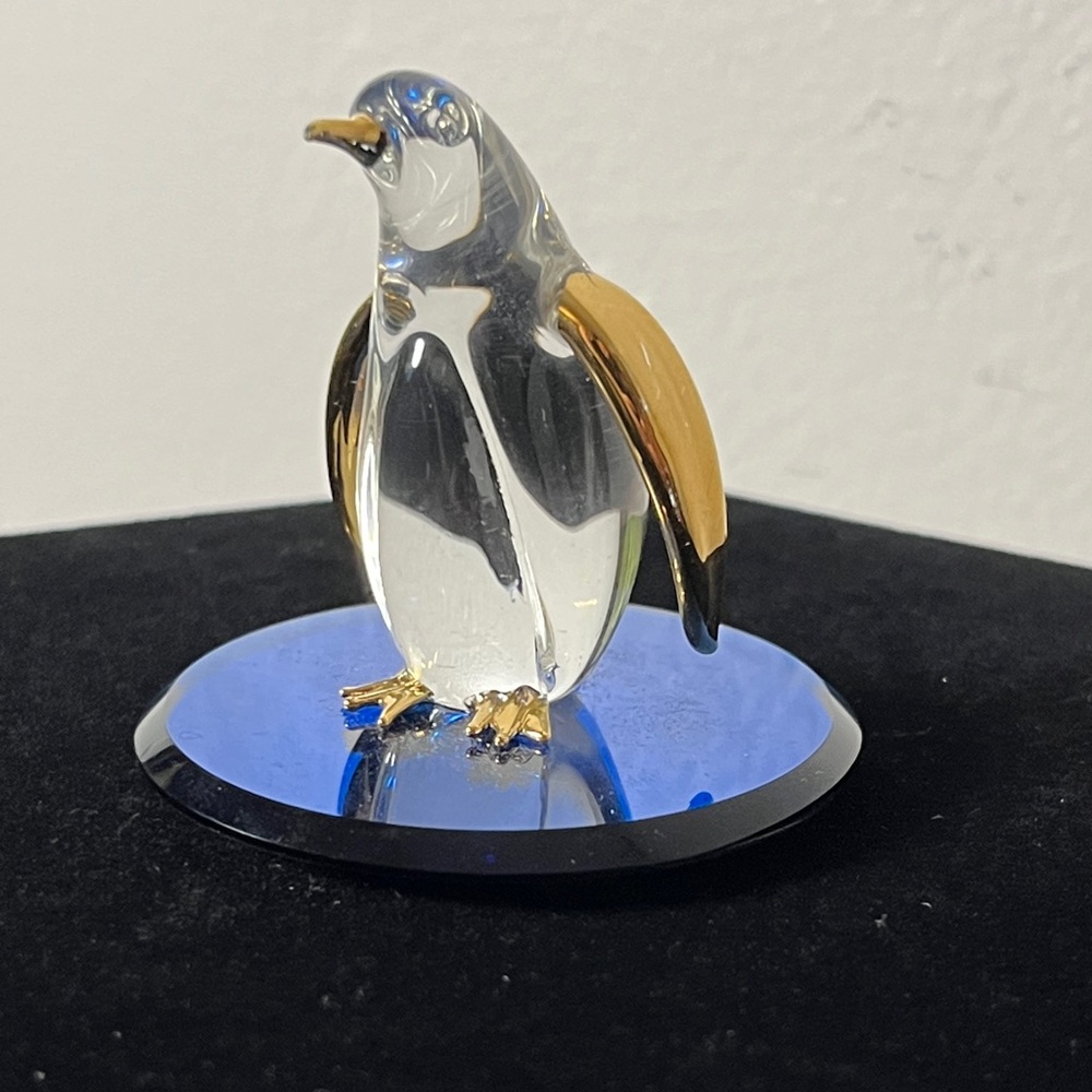 Glass Baron Mini Art Glass Penguin Figurine w Gold Accents on Blue Mirror - Picture 2 of 8